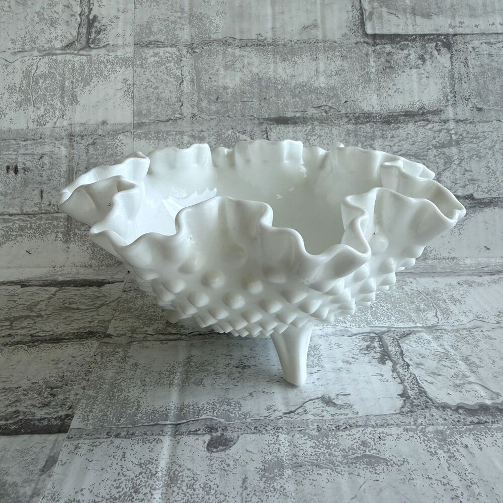 VTG Fenton White Hobnail Milk Glass Footed Ruffled Crimped Tabletop Bowl - Picture 2 of 8